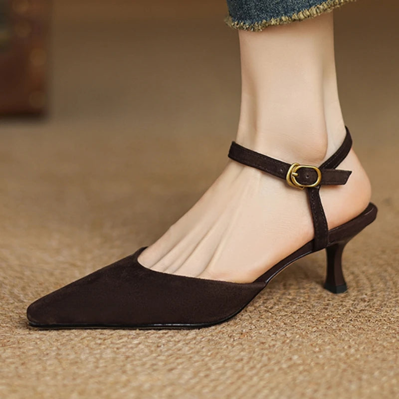 Black Pointed Leather Ankle Strap Heels