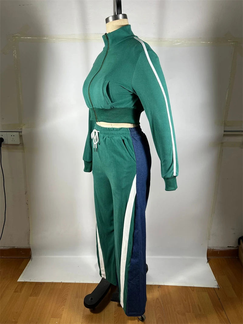 Colorblock Zip Top And Patchwork Pants Set for Women