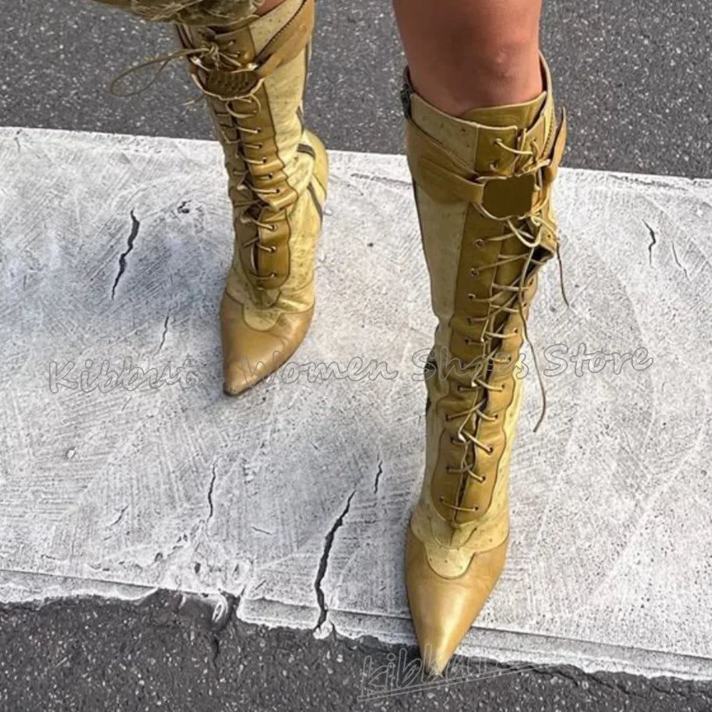 Leopard Knee High Boots Belt Buckle Lace-Up Pointy Thin Heels Luxury Elegant Concise Sexy Fashion Novelty Mixed Color Shoes New