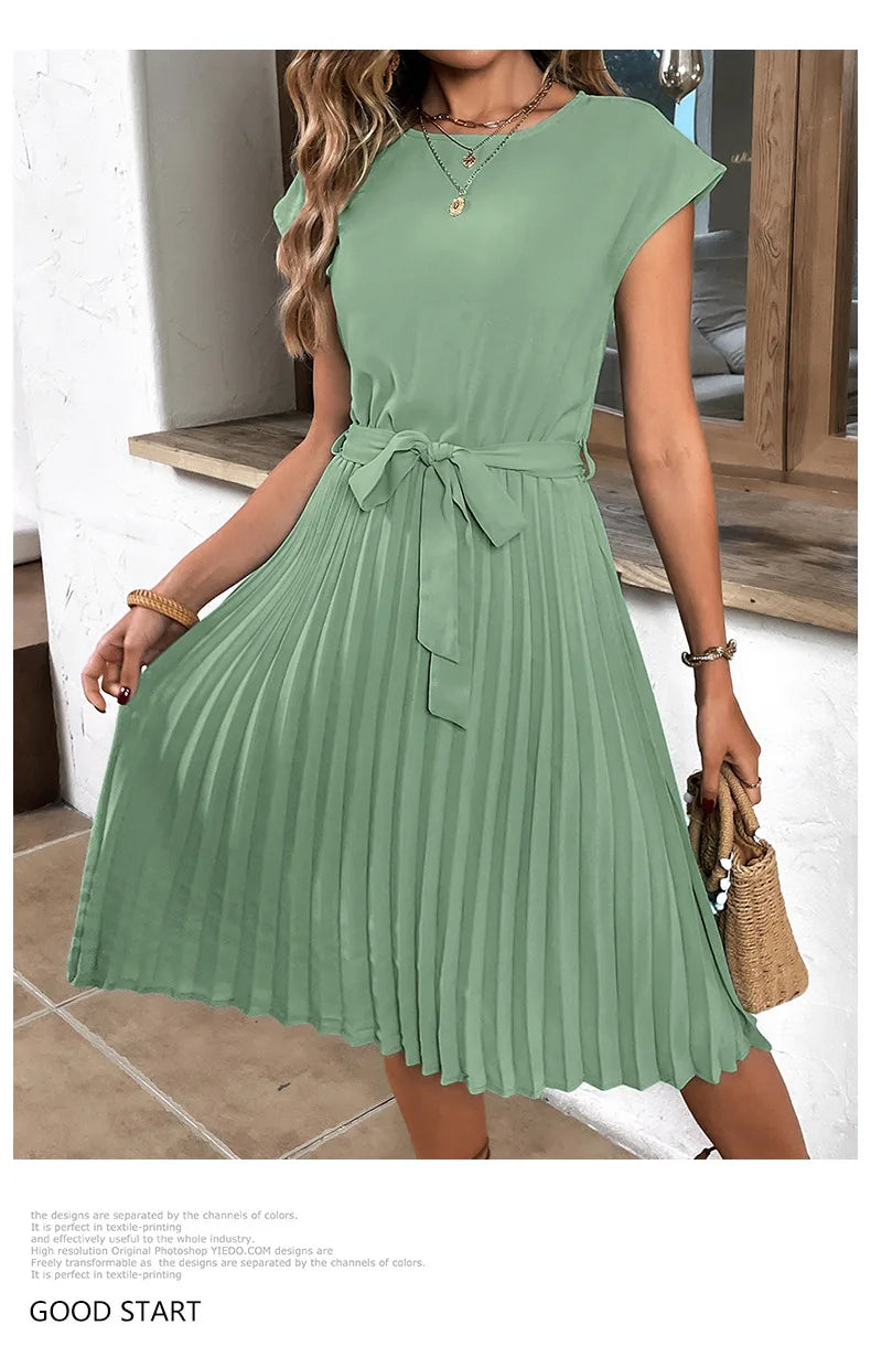 Chic Casual Pleated Short Sleeve Midi Dress for Women