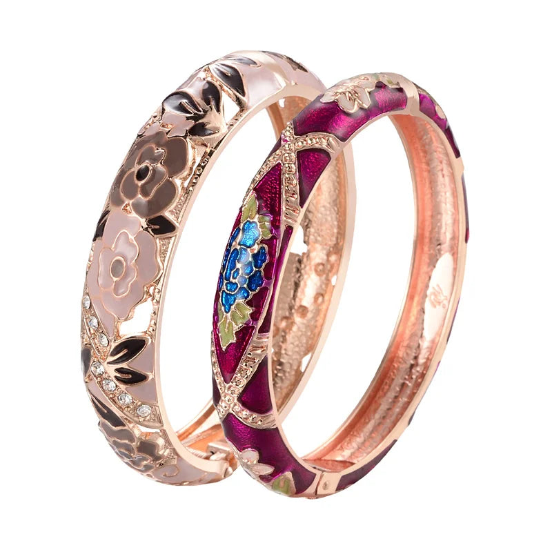 Floral Enamel Double Bangle Bracelet Set