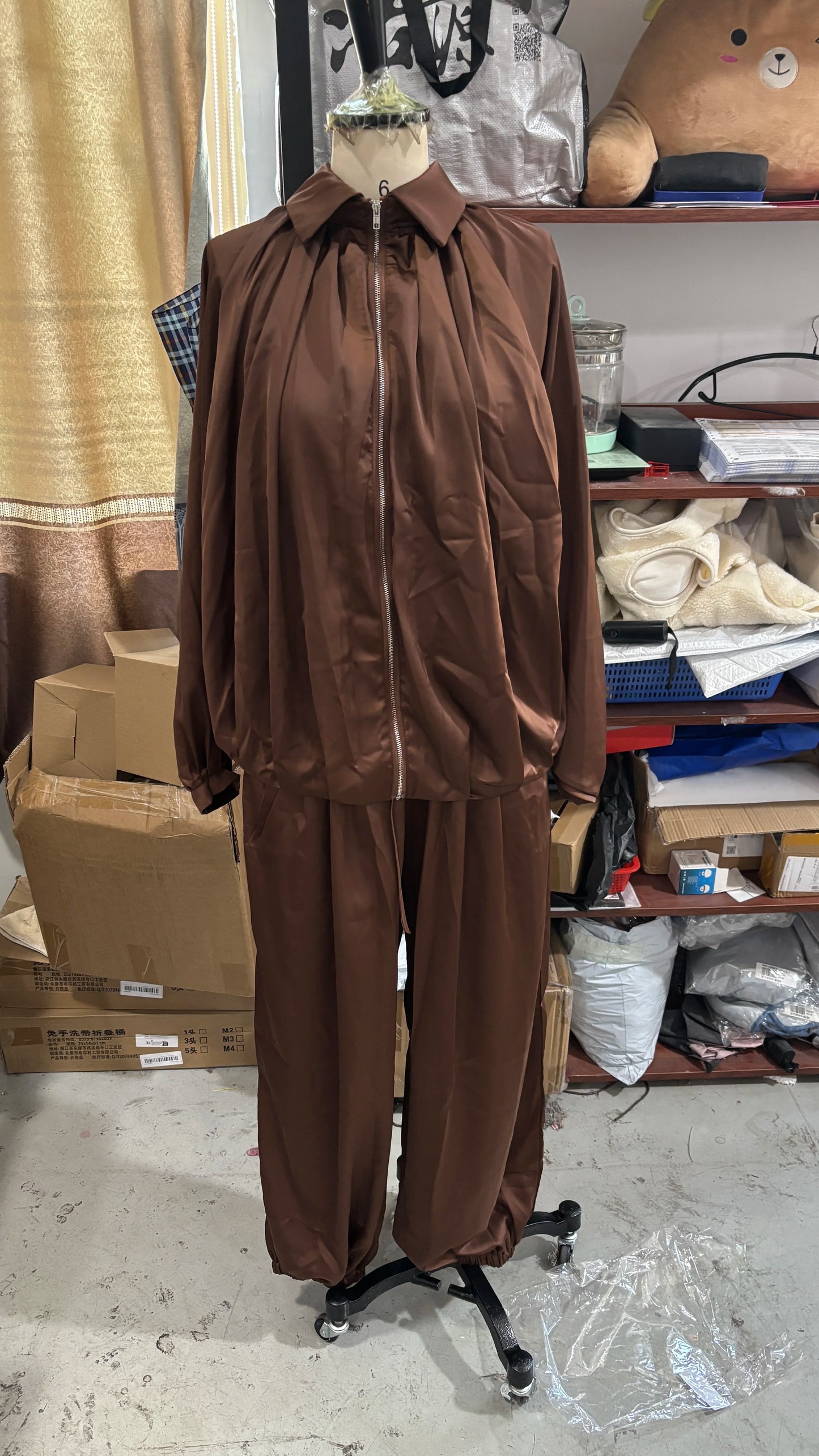 Solid Loose Suit Set with Stand Collar Crop Top and Drawstring Pants for Women
