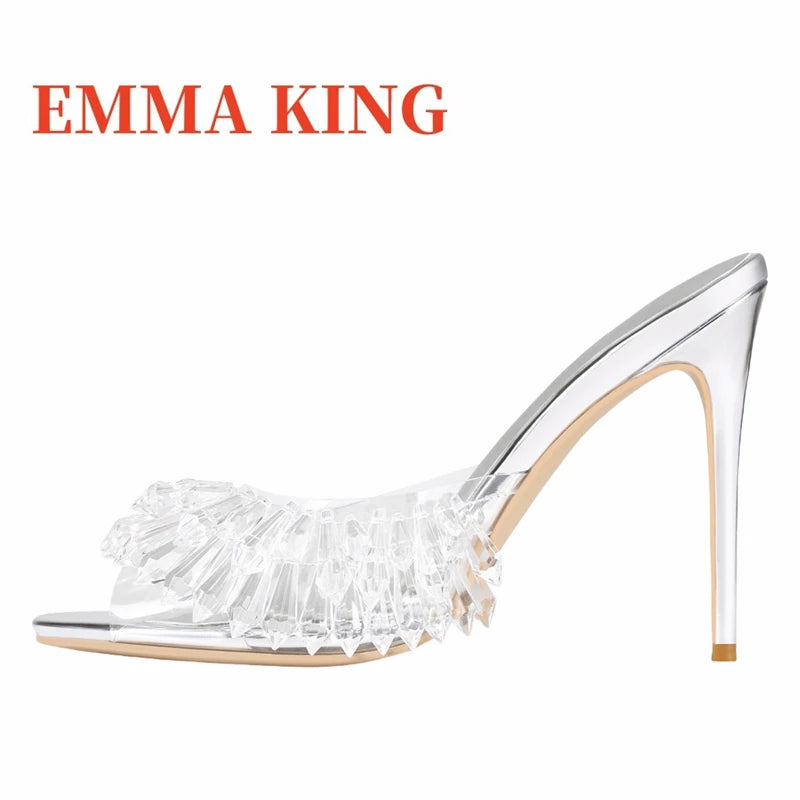 Clear PVC High Heel Beaded Open Toe Mules for Women