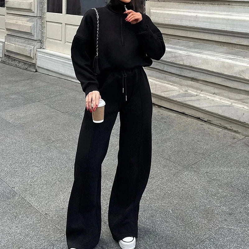 KUCLUT 2025 Autumn Fashion Sport Style Two-pieces Set For Women Half-Zip Pullover Sweatshirt Drawstring Long Casual Pants 1A1109