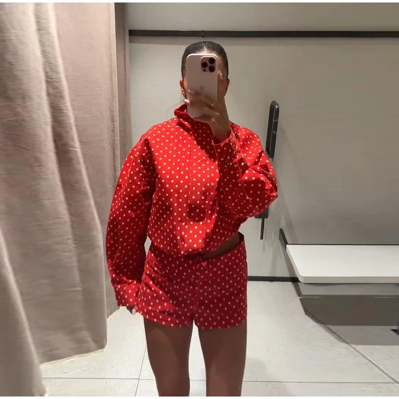 Polka Dot Stand Collar Jacket And High Waist Shorts For Women