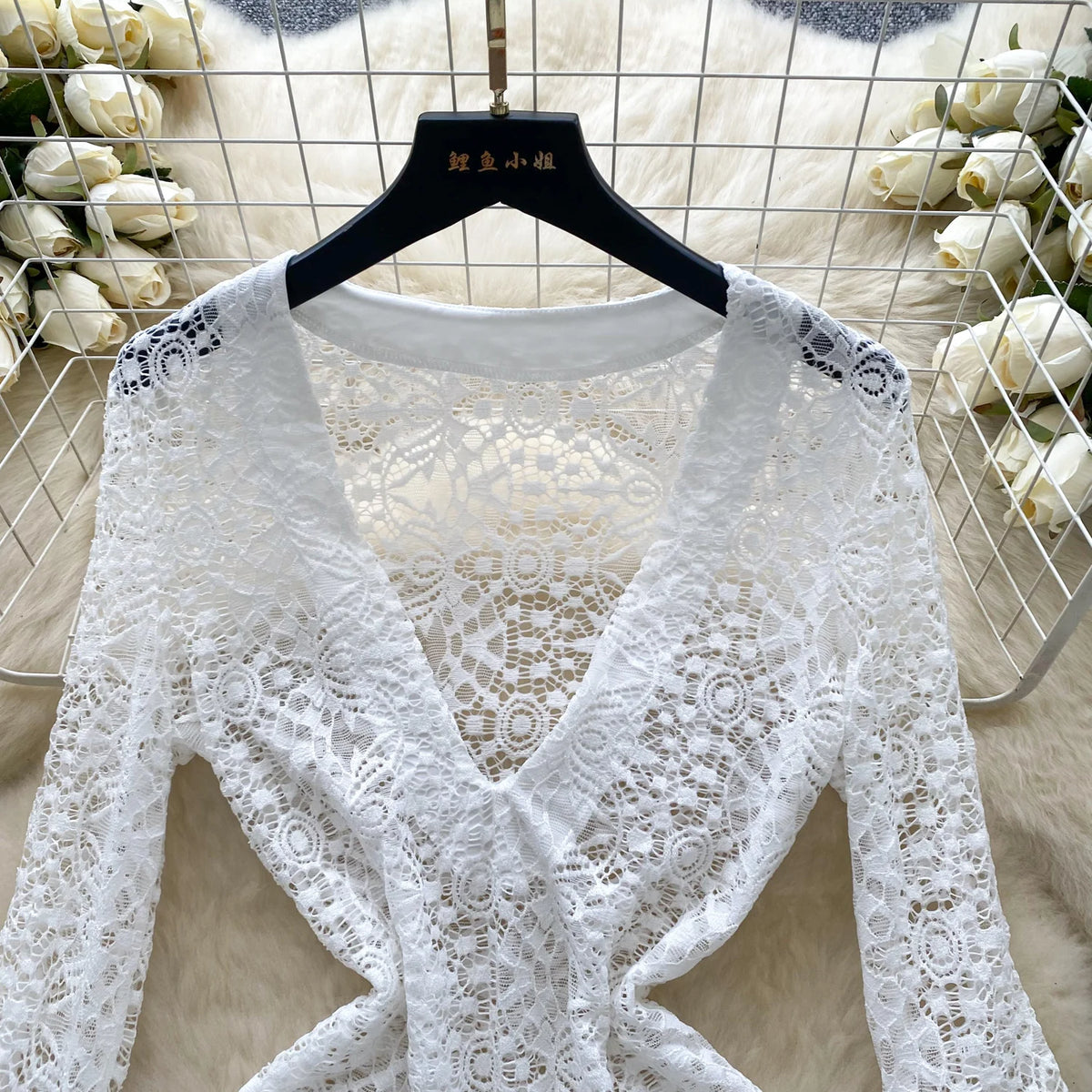 Sheer Lace V Neck Mini Dress With Flared Sleeves for Women
