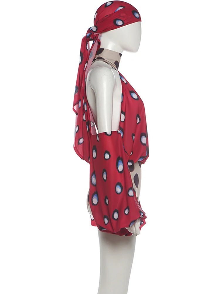 Polka Dot Halter Backless Playsuit With Headscarf for Women