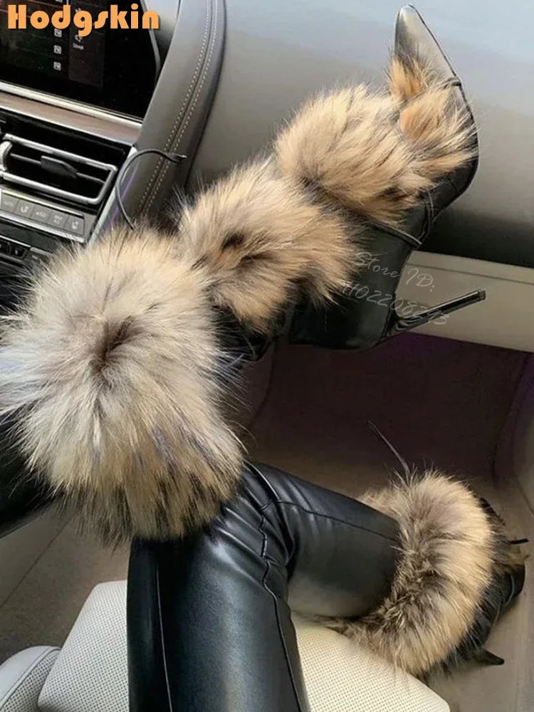 Faux Fur Lace Up Stiletto Knee High Boots for Women