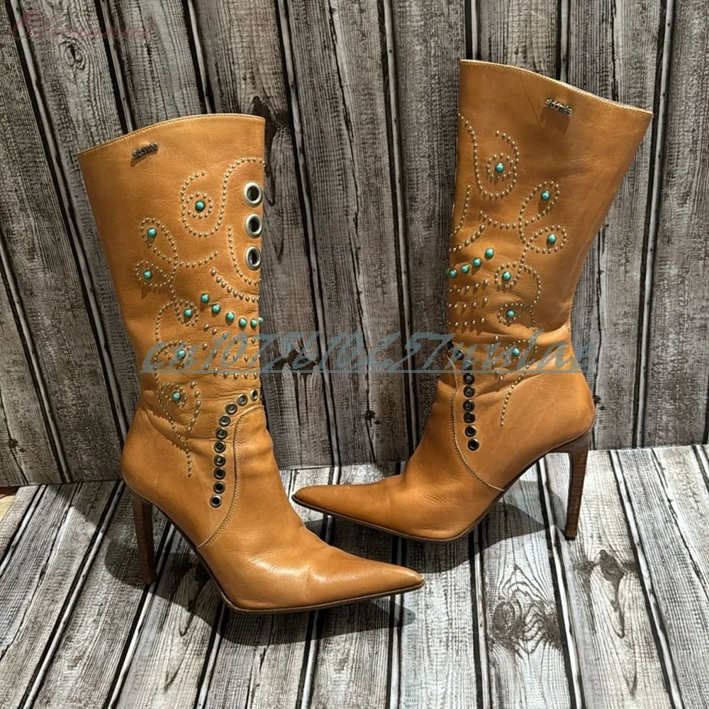 Brown Crystal Ring Detail Mid Calf Stiletto Boots For Women