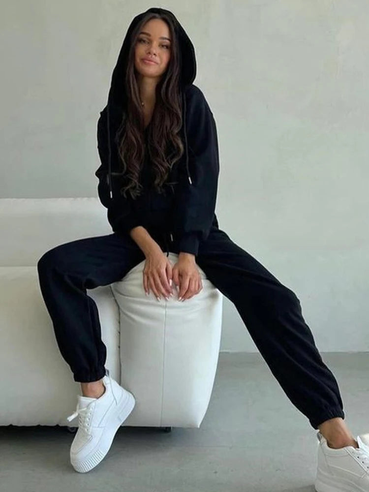 FSMG Casual Hooded Zippers Sweatshirts Pants Set Long Sleeved Cardigan Lace-up Sportswear Two Pieces Set Female Tracksuit Suit