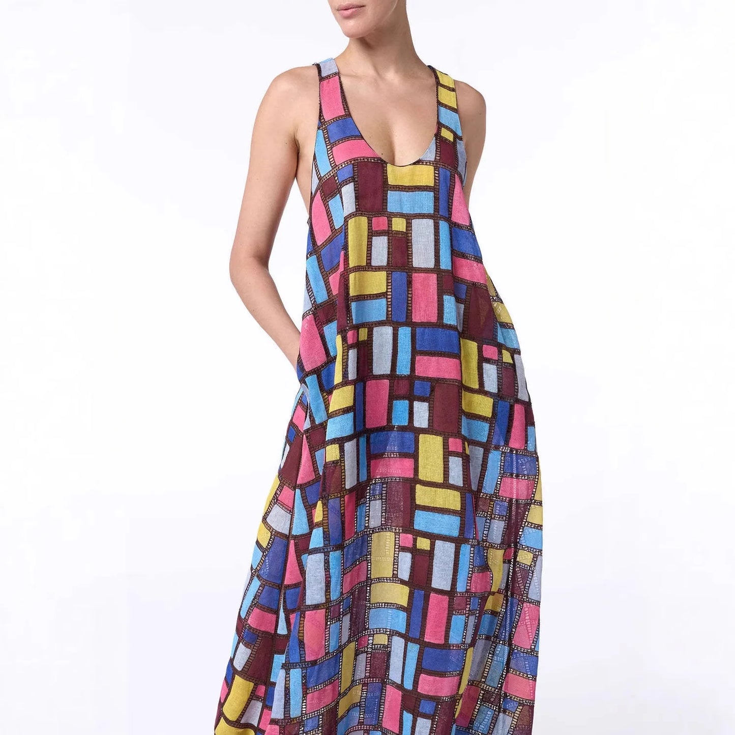 Color Block Squares Sleeveless Maxi Dress for Women
