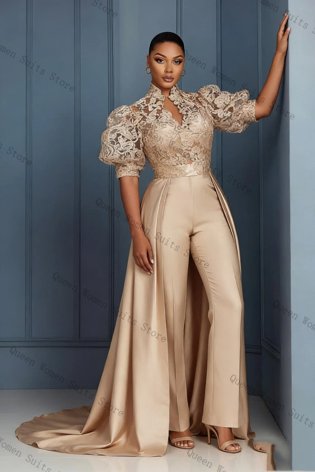 Elegant Champagne Lace Trim Blazer And Pants Suit Set For Women