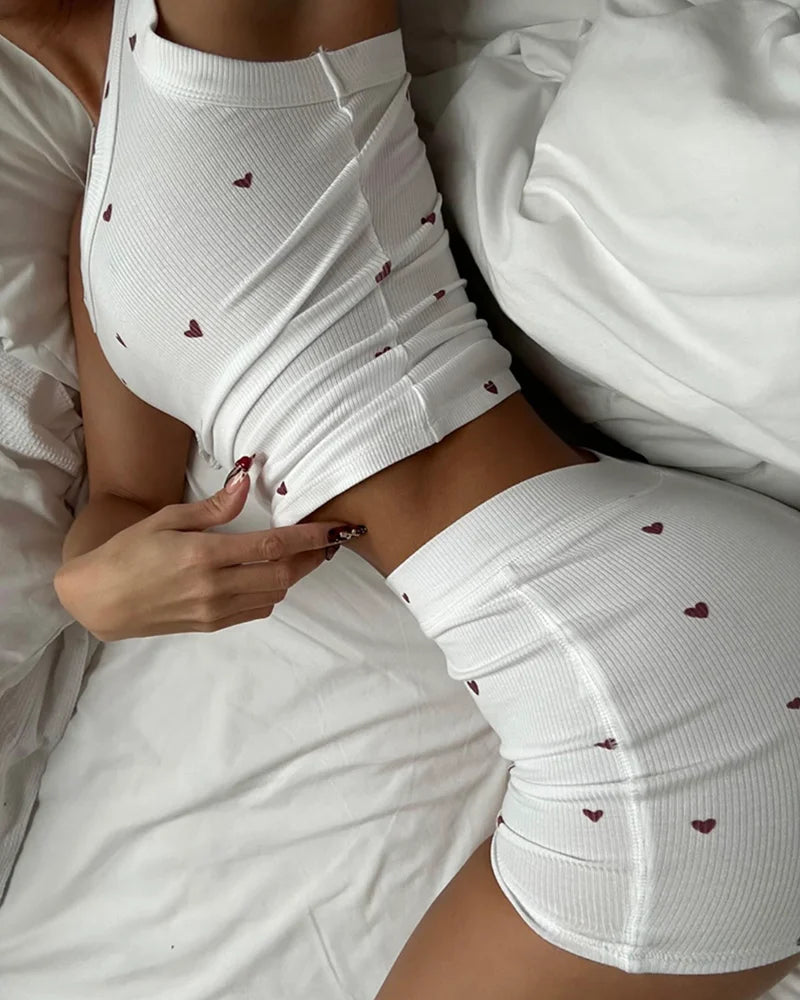 Summer Fashion Women 2 Pieces Pajamas Set Heart Pattern U Neck Sleeveless Tank Top and Casual Strechy Waist Shorts Set Sleepwear