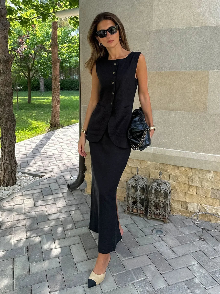 Breathable Linen High Waist Vest And Skirt Set For Women