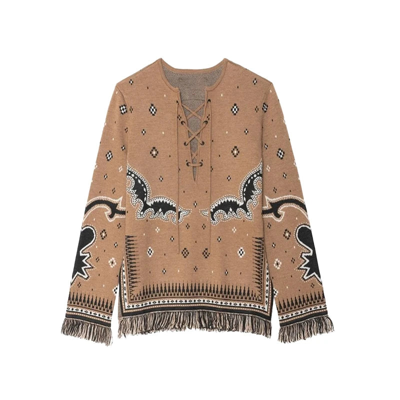 Ethnic Tassel Women 's Sweater Knitted V-neck Bandage Thicken Full Sleeve Jumper For Woman Winter Woman Coats Jacket Knitwear