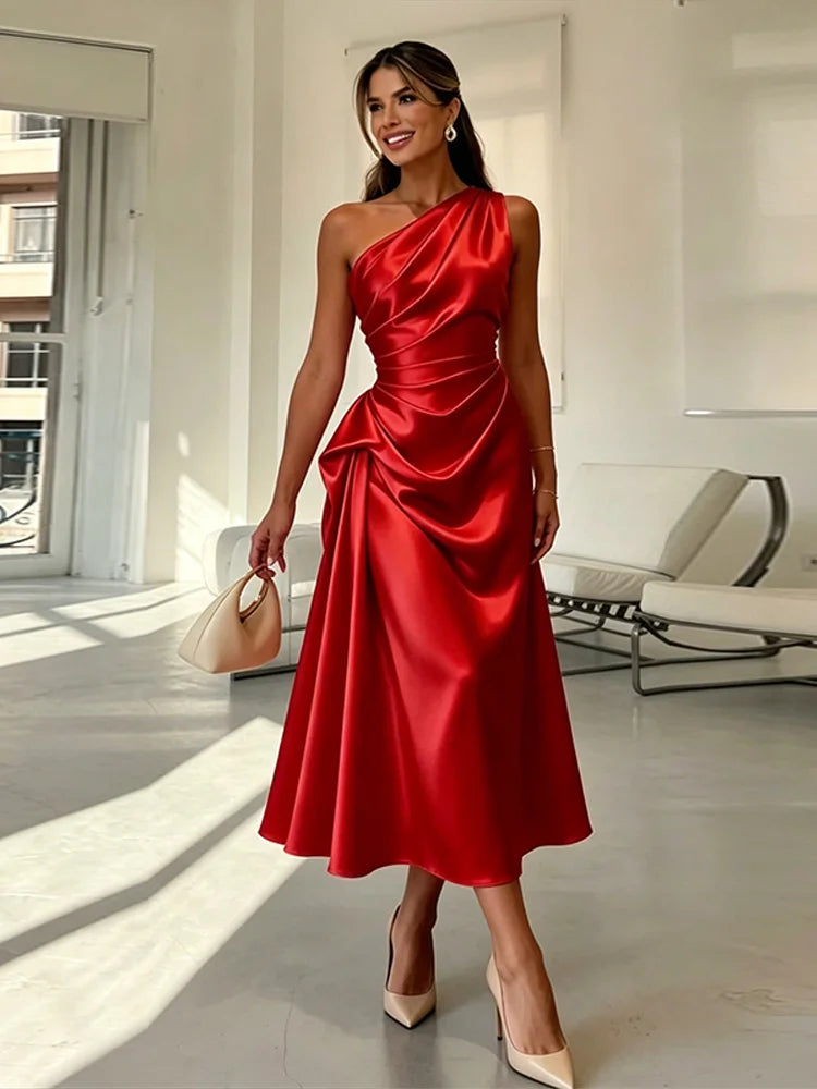 Charming One Shoulder Ruched Waist Satin Midi Dress For Women