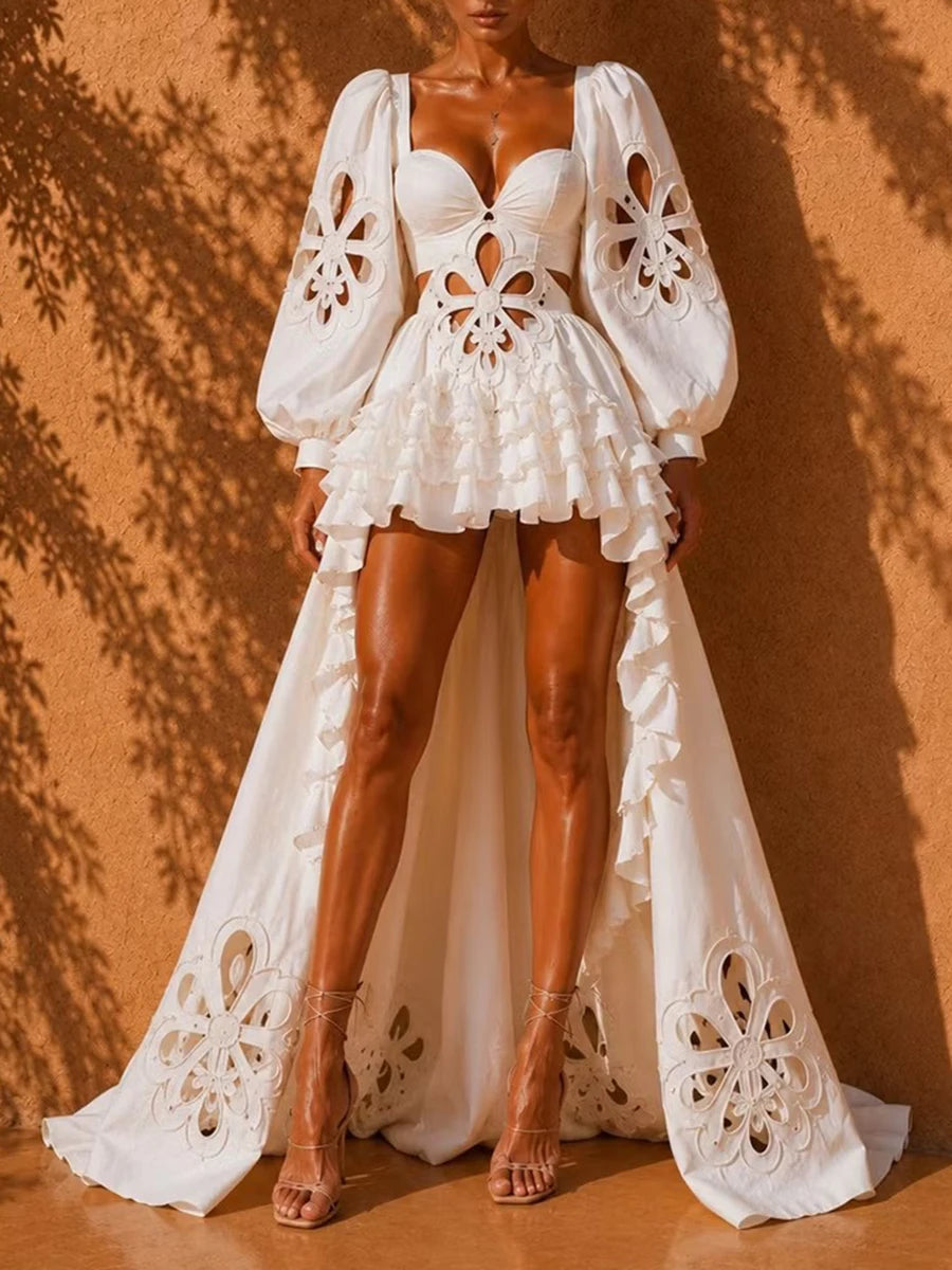 White Floral Cutout Puff Sleeve Gown With Asymmetric Train for Women