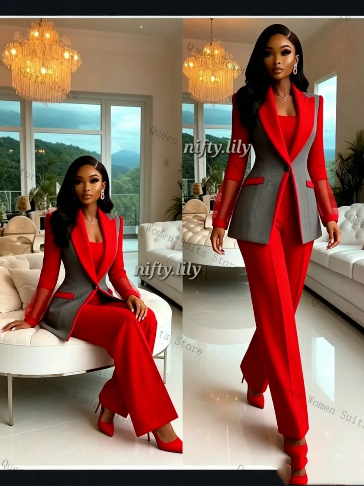 Classic Red And Grey Two Piece Suit Set for Women