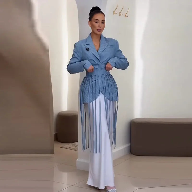 Striped Full Sleeve Blazer With Detachable Tassel Lapel for Women