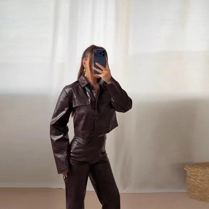 PU Leather Turn-Down Collar Jacket and Pants Set for Women