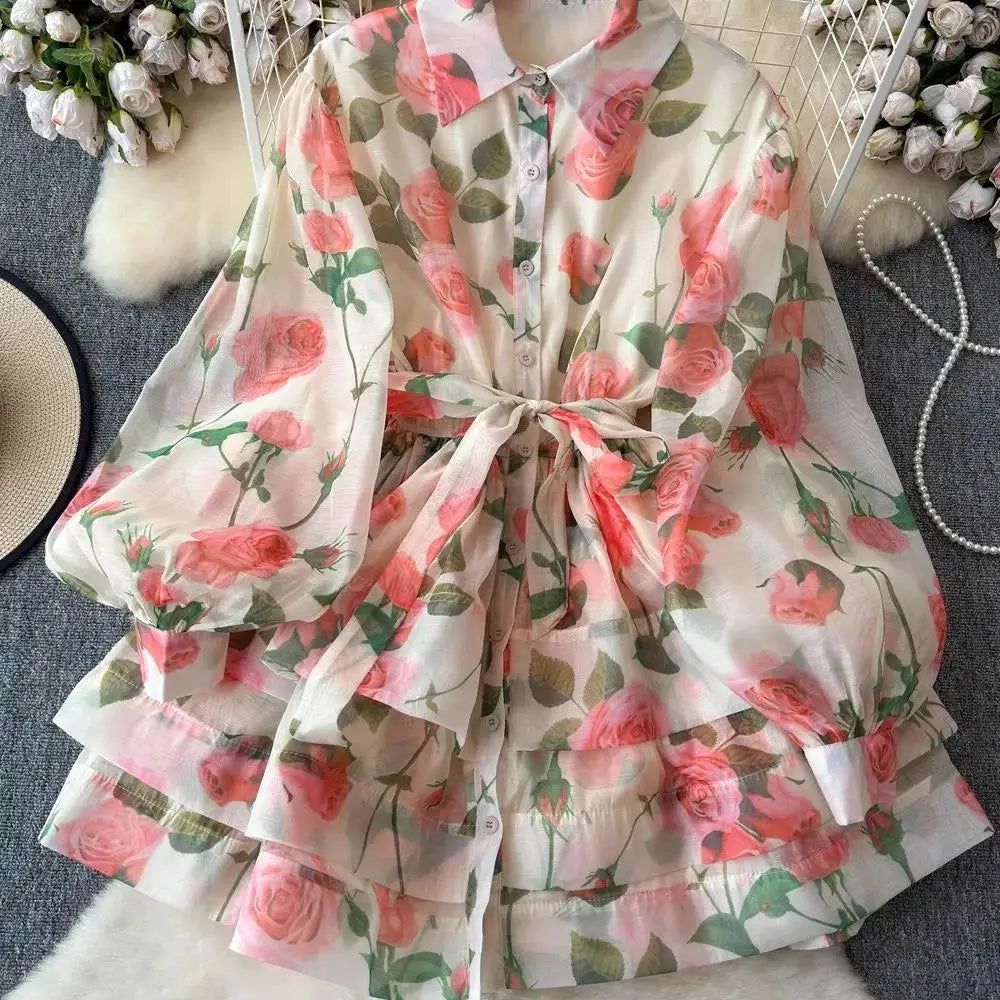 Women Lantern Sleeve Floral Print Lace Up Belt Summer Ball Gown Cute Dress Holiday Gorgeous Flower Ruffles Layer Cake Mini Dress