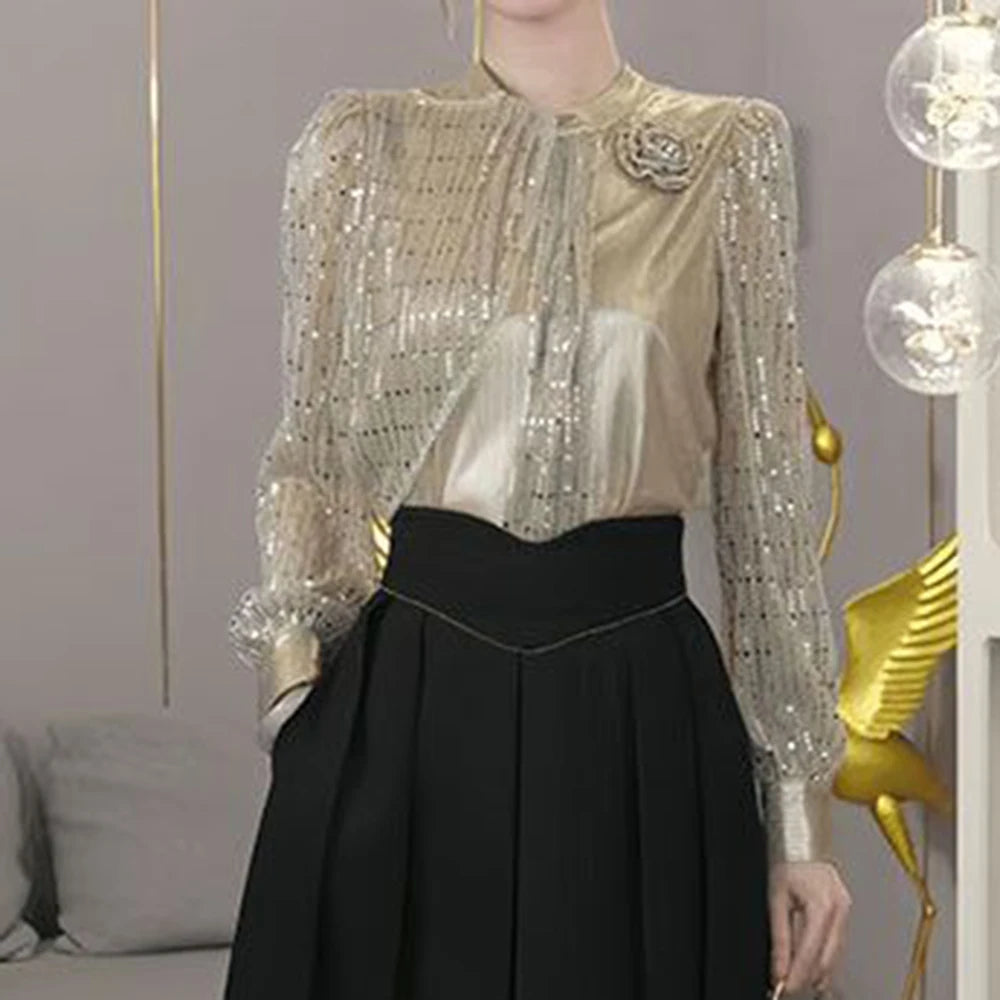 Chiffon Loose Small Stand Up Collar Bow Blouse for Women