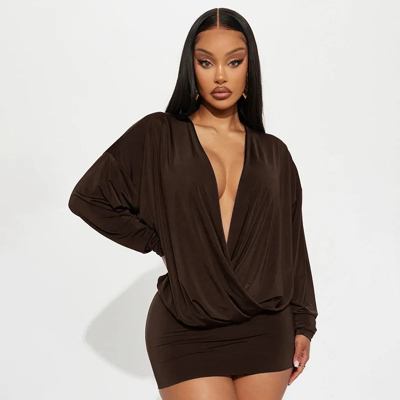 Solid Color Long-Sleeved V-Neck Mini Dress for Women