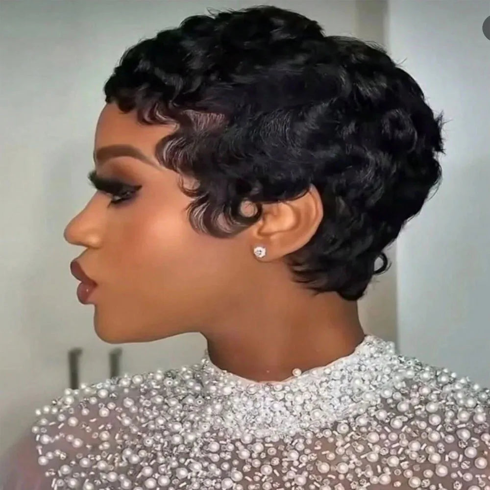 Short Pixie Cut Layered Curly Human Hair Wig for Women
