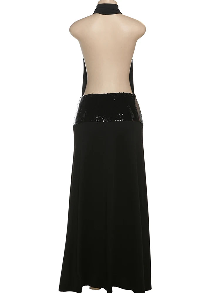 Sisterlinda Backless Fashion Dresses Elegant Halter Patchwork Draped Maxi Bodycon Female Solid Simple Evening Party Frock New