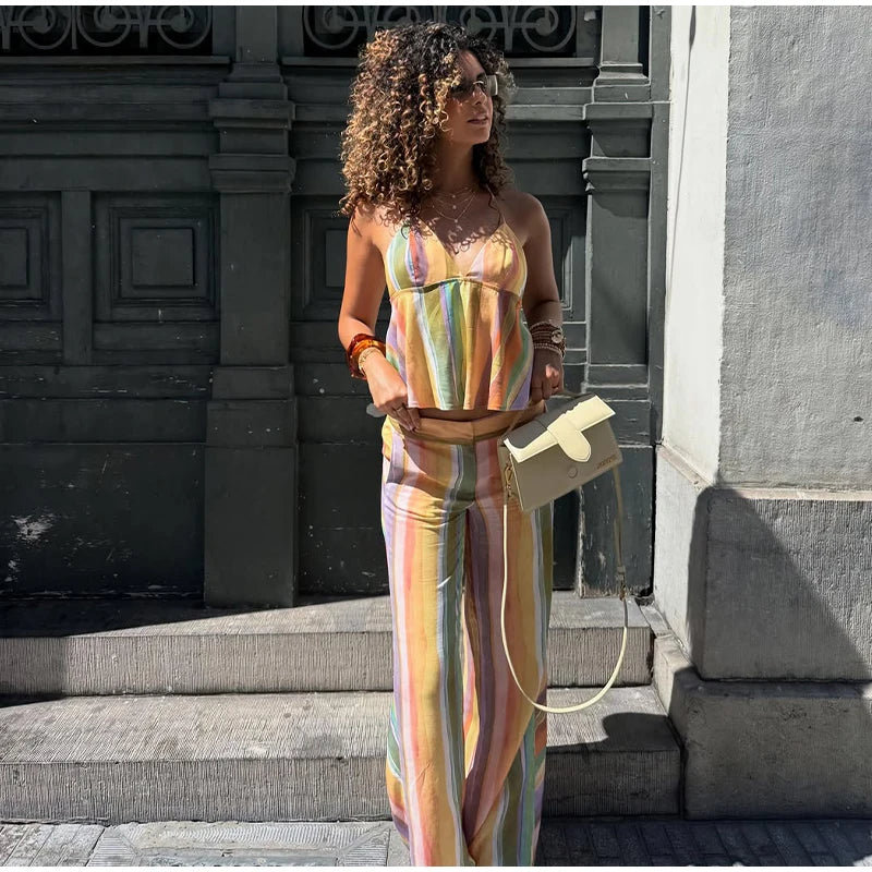 Cotton Striped High Waist Two Piece Summer Set For Women