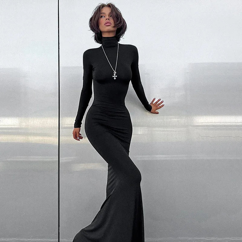 Cryptographic Fall Winter Turtleneck Elegant Long Sleeve Maxi Dress Outfits for Women Casual Fashion Bodycon Dresses Vestido