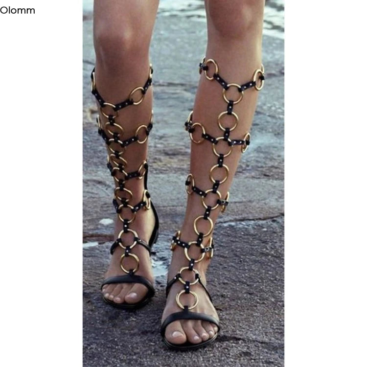 Black Open Toe Gladiator Sandals with Side Zipper for Women