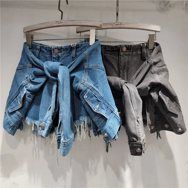 YEAE Fashion Women's Irregular Bandage Fake Two-piece Denim A-line Shorts Trendy 2025 Summer Wide Leg Hot Pants Female