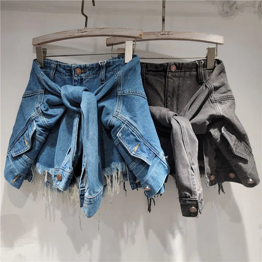 YEAE Fashion Women's Irregular Bandage Fake Two-piece Denim A-line Shorts Trendy 2025 Summer Wide Leg Hot Pants Female