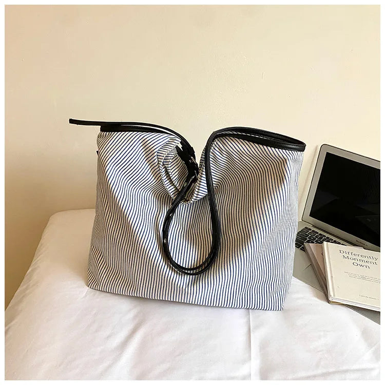 Casual Stripe Canvas Lightweight Shoulder Tote Bag for Women