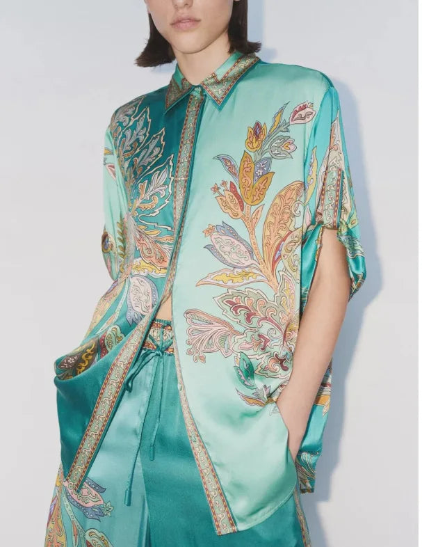 Womens Two Piece Suit Set With Long Sleeve Shirt And Wide Leg Trousers Retro Print Spring Summer Style