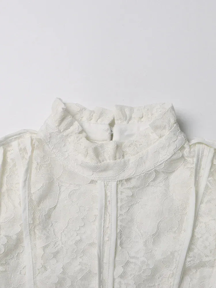 TWOTWINSTYLE Patchwork Lace Slimming Dresses For Women Stand Collar Flare Sleeve High Waist Solid Elegant Dress Female Fashion