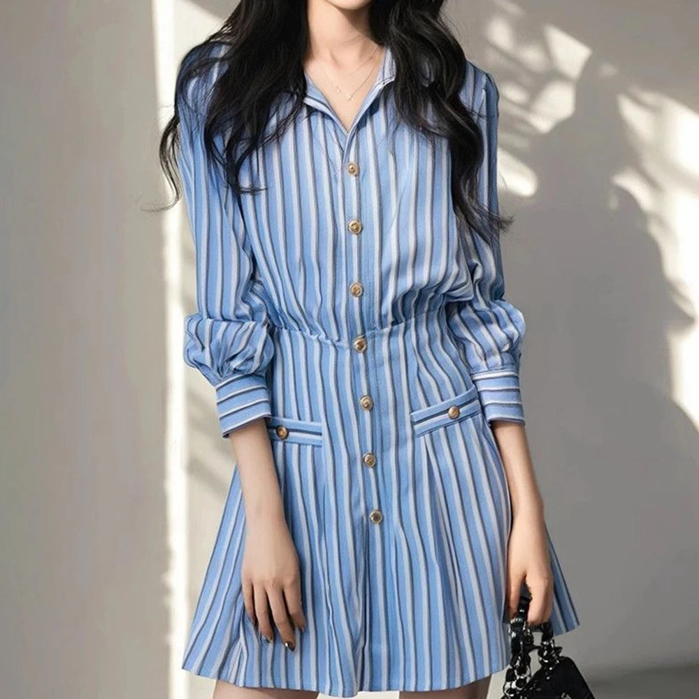 Blue and White Striped Korean Style Dress for Women