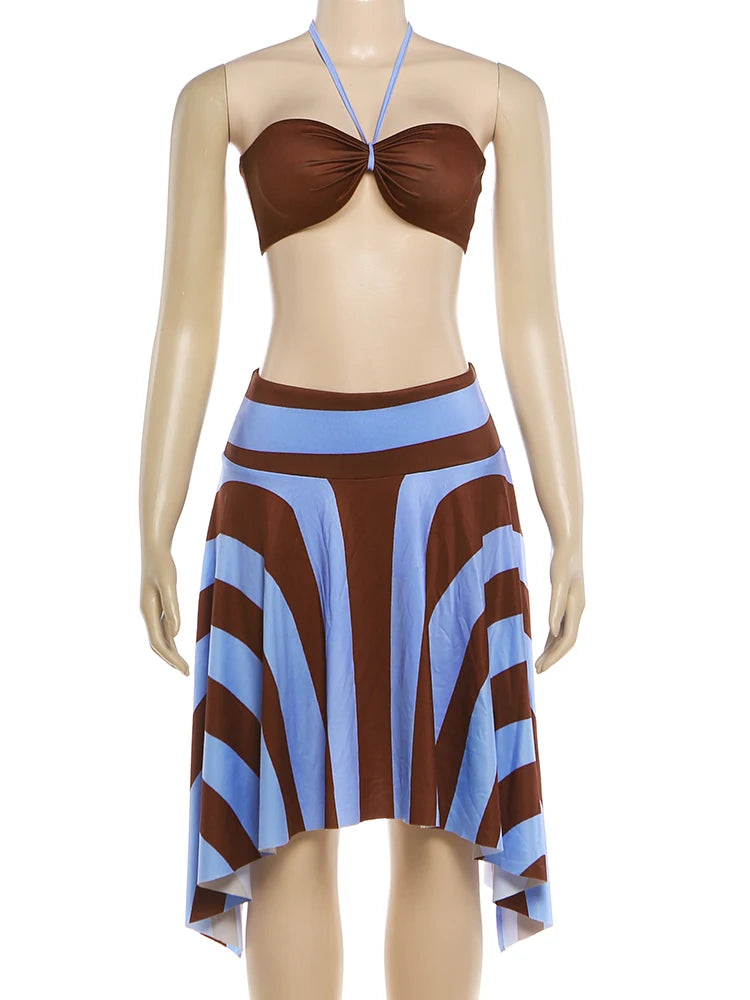 Nibber Holiday 3 Piece Set Woman Halter Rope+Wrap Chest Tops+Stripe Patchwork Mid Skirts Beach Sexy Style Summer Fashion Outfits