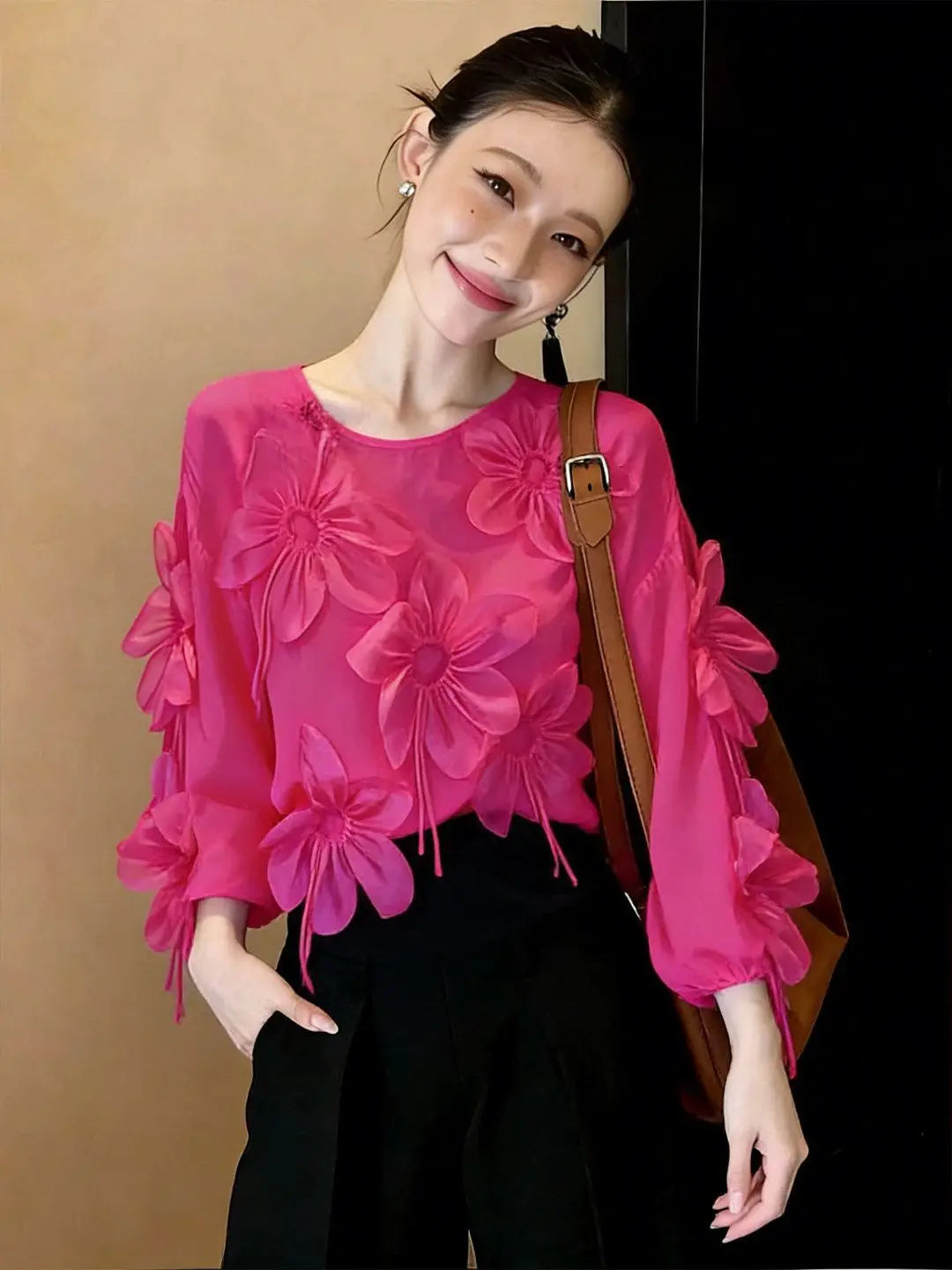 Three Dimensional Flower Lightweight Long Sleeve Top for Women