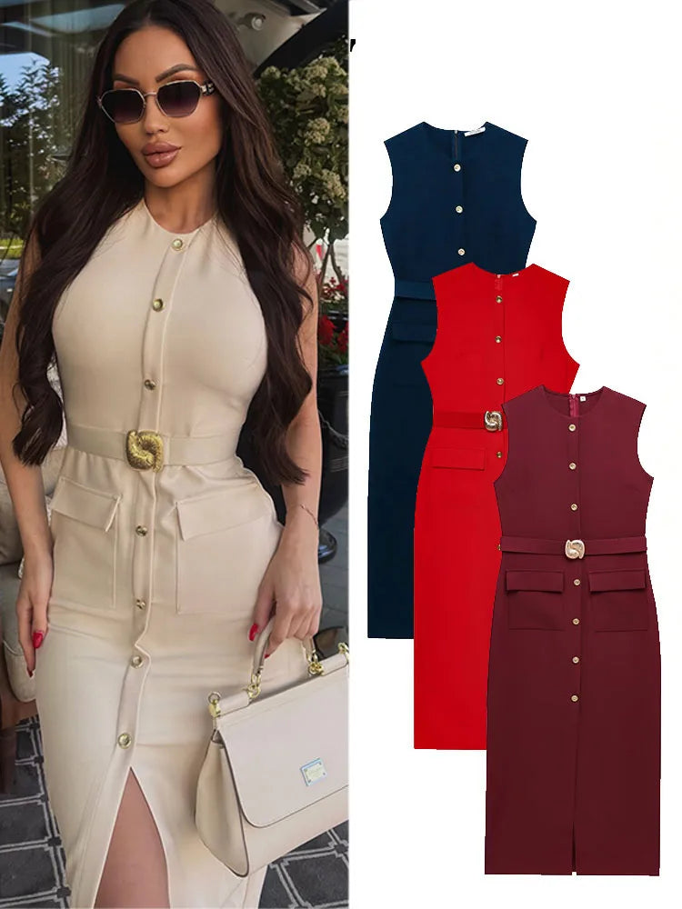 Sleek Belted Round Neck Classic Office Suit Set for Women