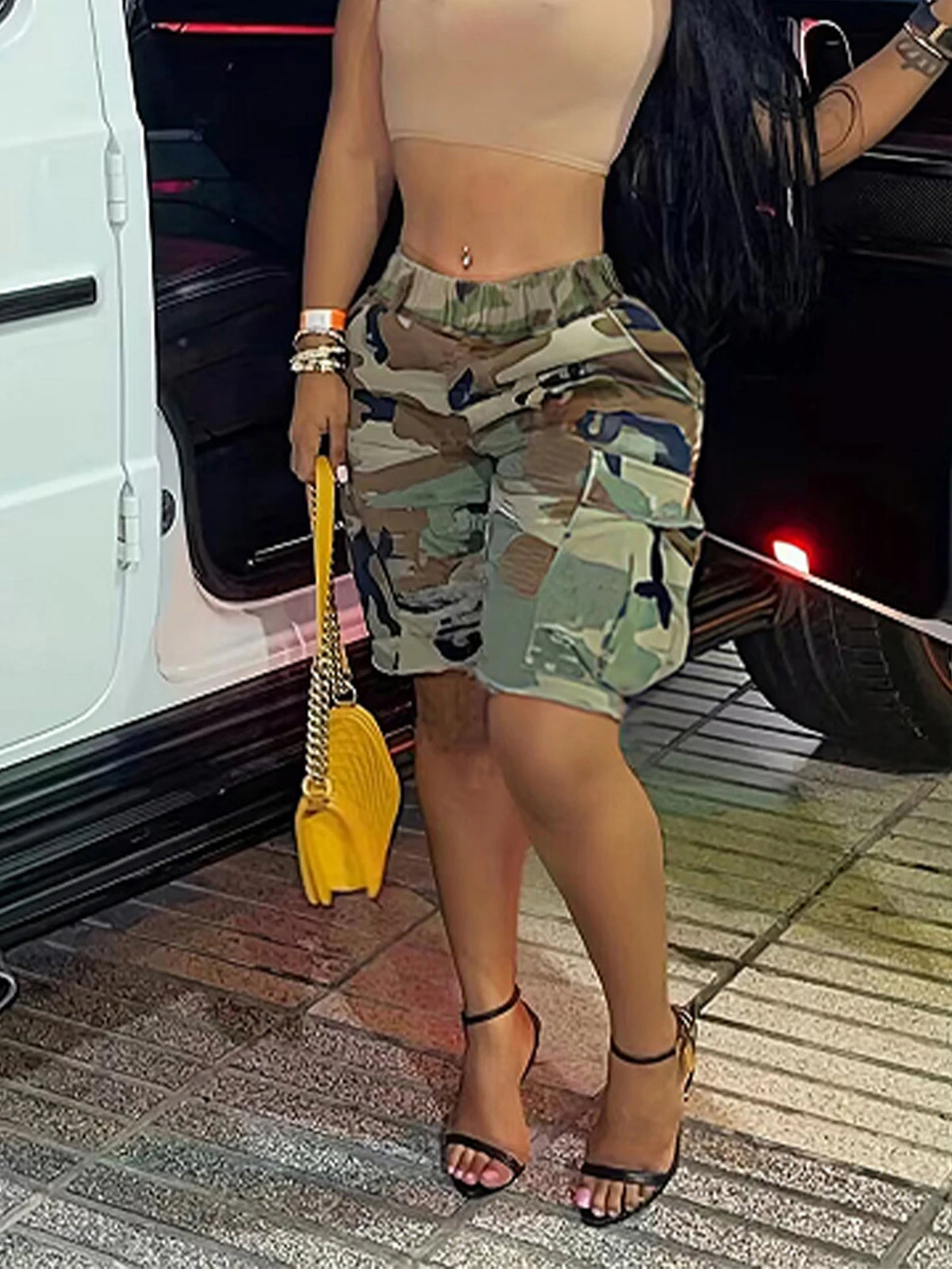 Printed Camo Multi Pocket Casual Shorts with Elastic Waist for Women