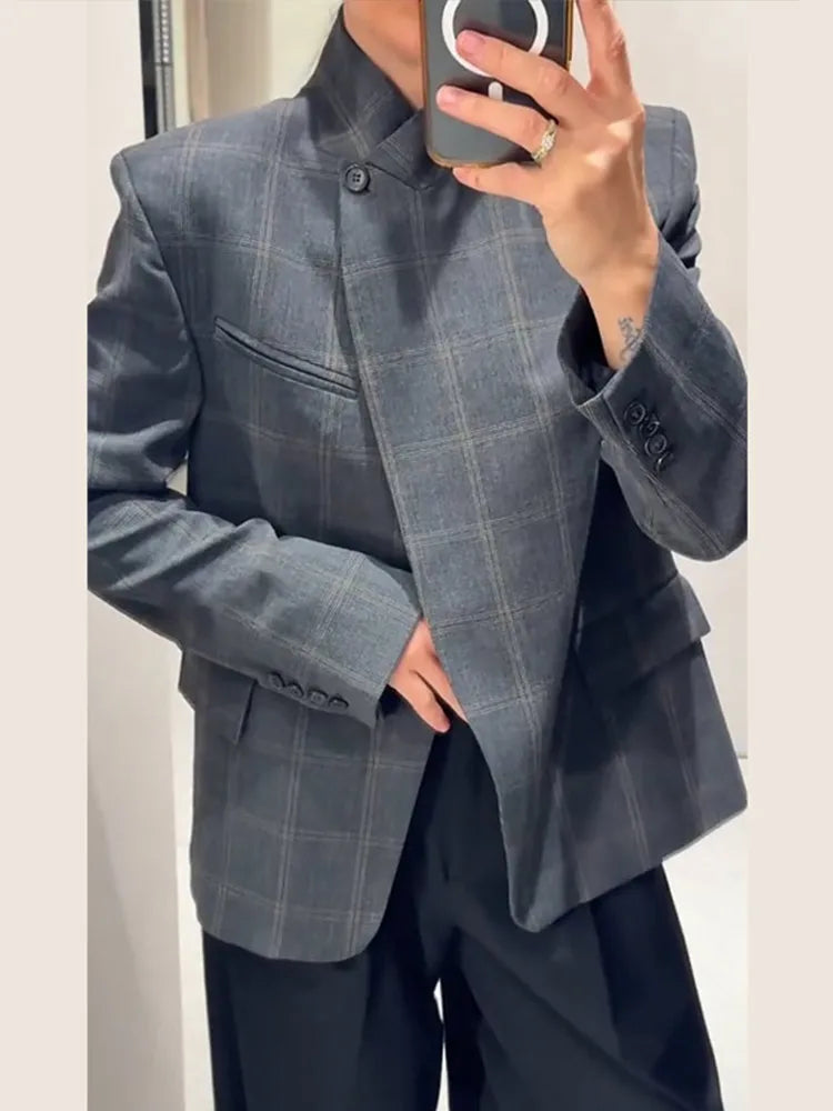 Plaid Women 's Blazers Elegant Laple One Button Thicken Full Sleeve Pockets Coats Female 2026 New Fashion Woman Coats Outwears