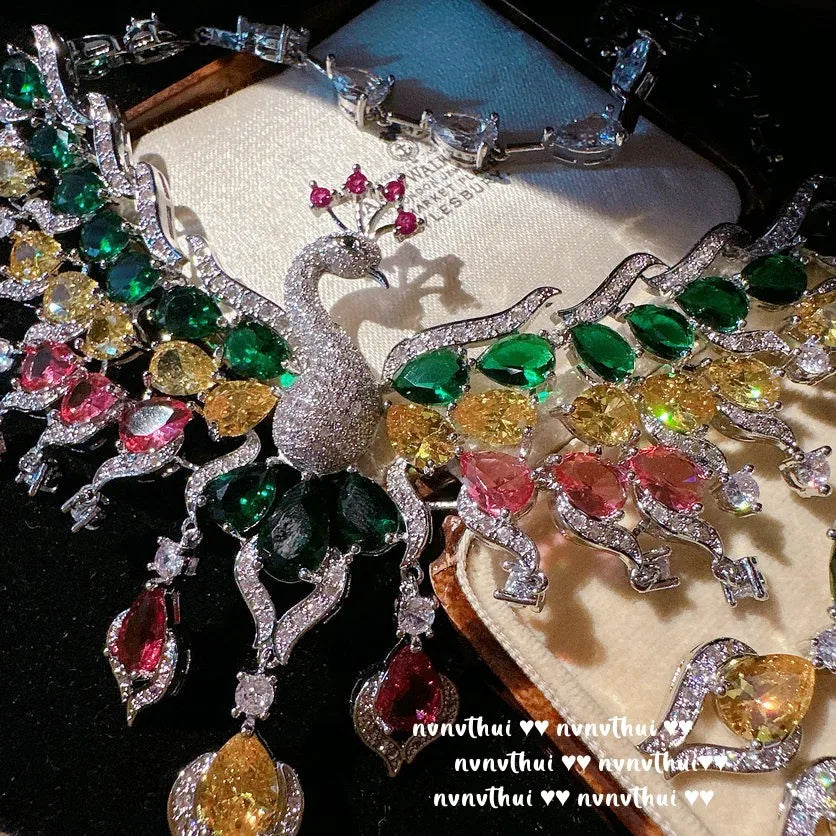 Sparkling Peacock Zircon Necklace and Earring Set for Women