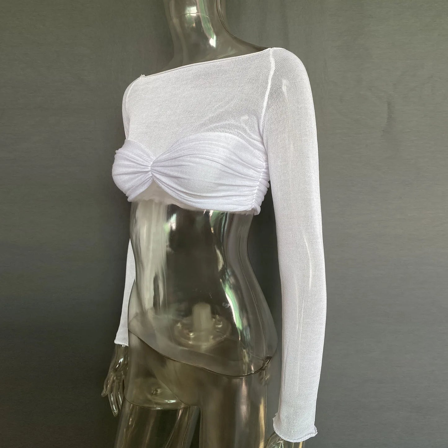 Cryptographic Elegant Front Ruched Cropped Top for Women Fashion Long Sleeve Off Shoulder Sexy Backless Sheer Knit Mini Top Slim