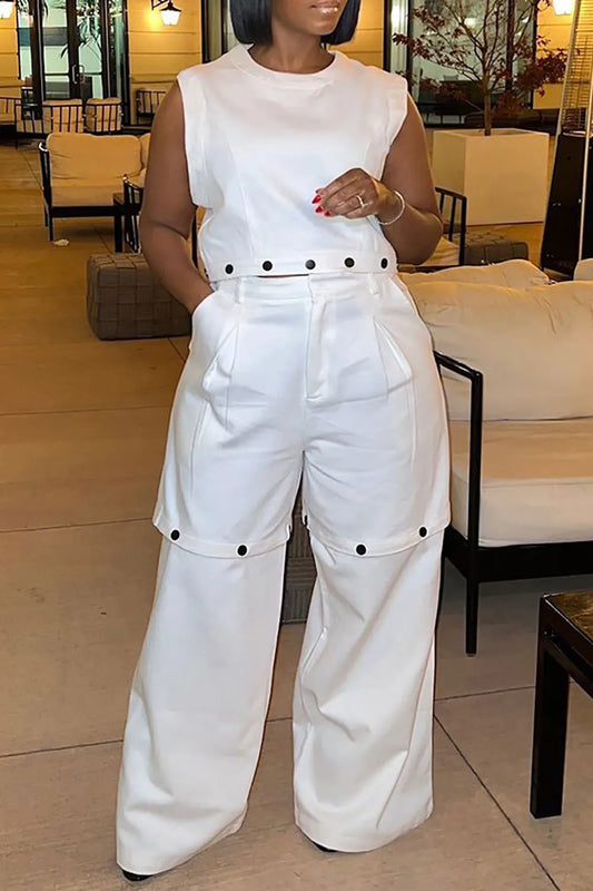 Plus Size Casual Pant Set White Round Neck Detachable Two Piece Pant Set With Pocket