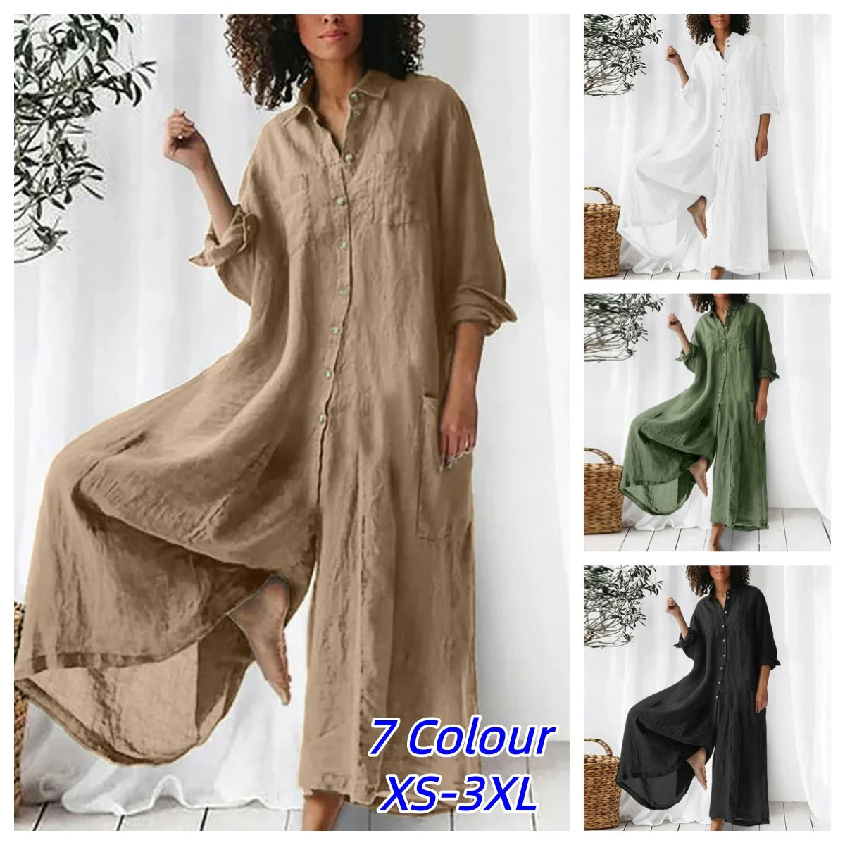 Oversized Cotton Linen Wide Leg Jumpsuit with Pockets for Women