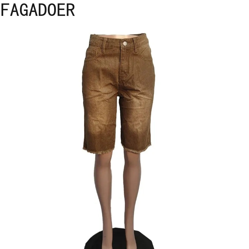 FAGADOER Y2K Fashion Denim Shorts Women Tie-dye Pocket Straight Jeans Shorts Pants Female Streetwear Bottoms 2025 Summer New