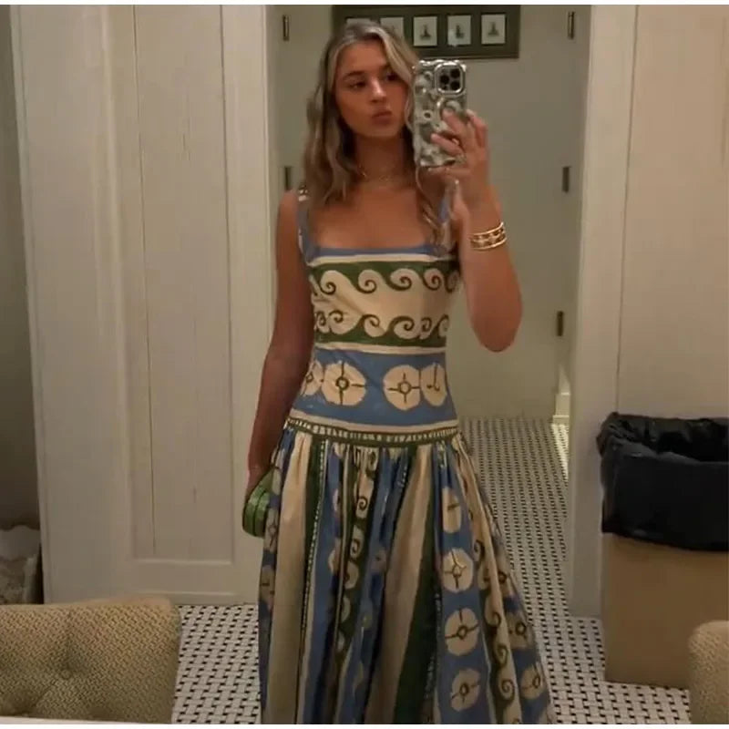 Printed Sleeveless Backless V Neck Midi Dress for Women