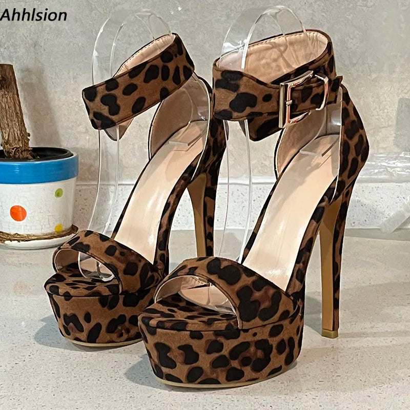 Leopard Print Suede Stiletto Sandals With Buckle For Women